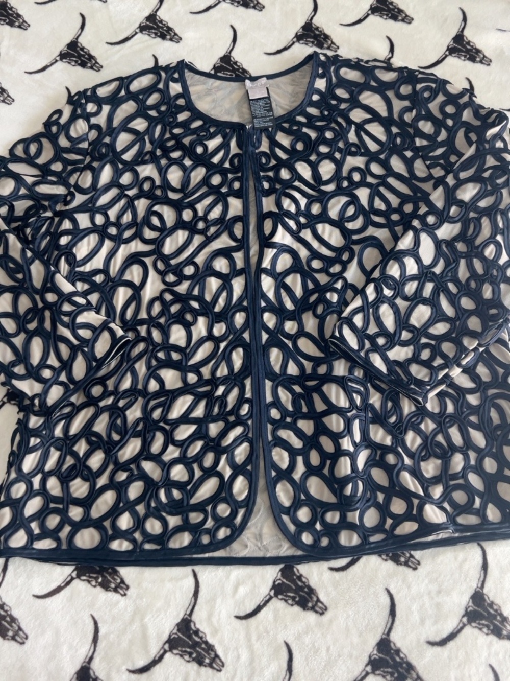 Chico’s Travelers Soutache Applique Mesh Jacket Navy Beige Size 3 (XL)